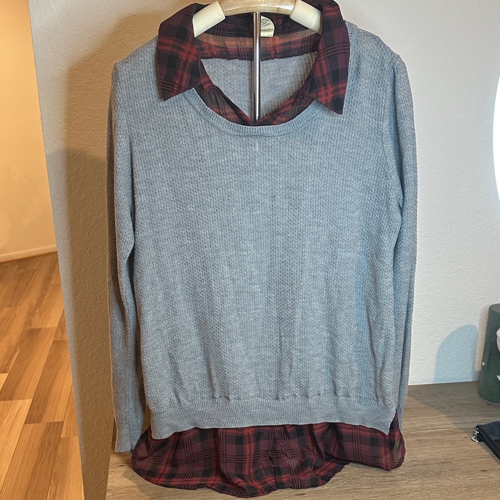 Gray Sweater with Red Plaid Shirt